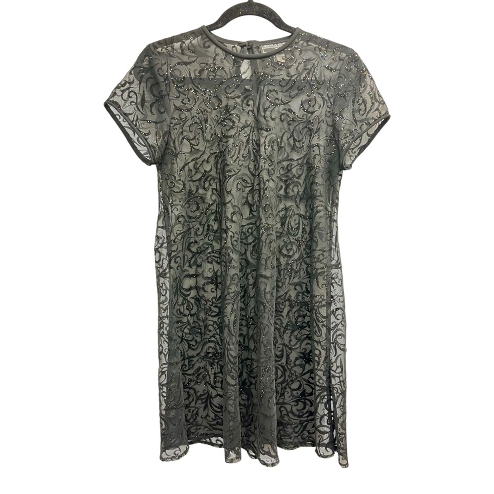 Jessica Howard Dress Women Petite Black Flocked Chiffon Sheer Short Sleeve